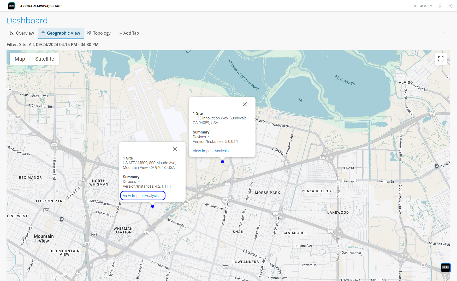 Geographic View tab on the Dashboard with network site markers that display site details and a link to Impact Analysis for the site.
