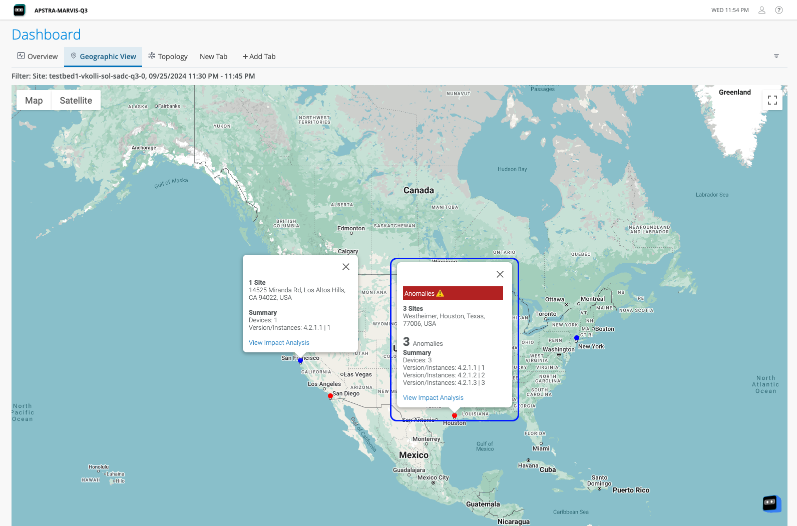 Dashboard showing Geographic View tab with network site markers and anomalies flagged on the global map.