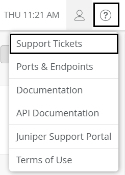 Dropdown menu with options: Support Tickets, Ports and Endpoints, Documentation, API Documentation, Juniper Support Portal, Terms of Use. Timestamp THU 11:21 AM.