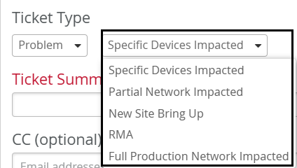Dropdown menu labeled Ticket Type with options including Specific Devices Impacted, Partial Network Impacted, New Site Bring Up, RMA, and Full Production Network Impacted. Currently set to Specific Devices Impacted. Other visible fields include Ticket Summary and CC optional.