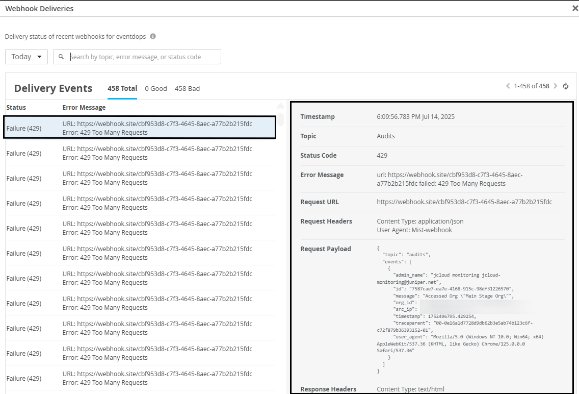 Webhook Deliveries dashboard showing 458 events, all failed with status 429 Too Many Requests. Details include timestamps, topics, error messages, request headers, payload, and response headers.