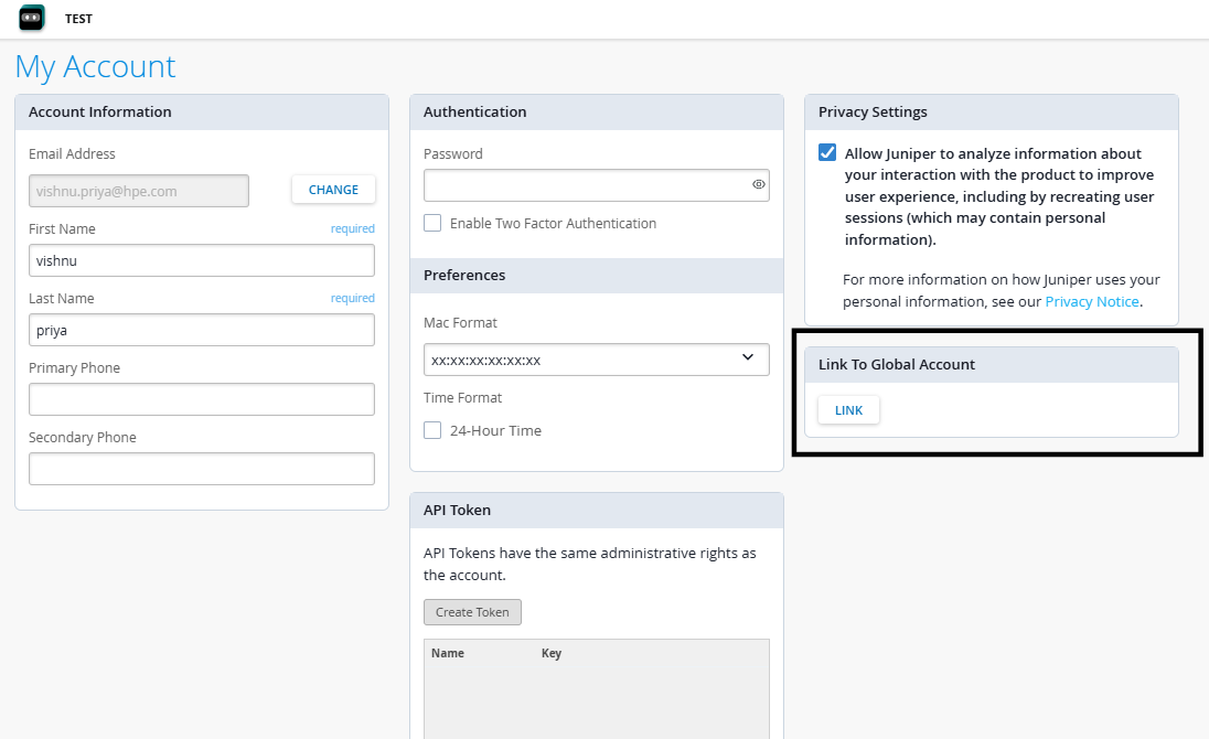 My Account settings page with sections for account information, authentication, preferences, privacy settings, global account linking, and API token management.