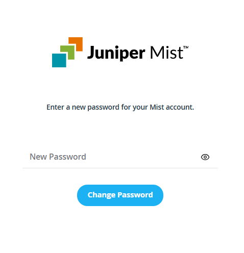 Juniper Mist password reset interface with logo, new password field, eye icon for visibility toggle, and Change Password button.