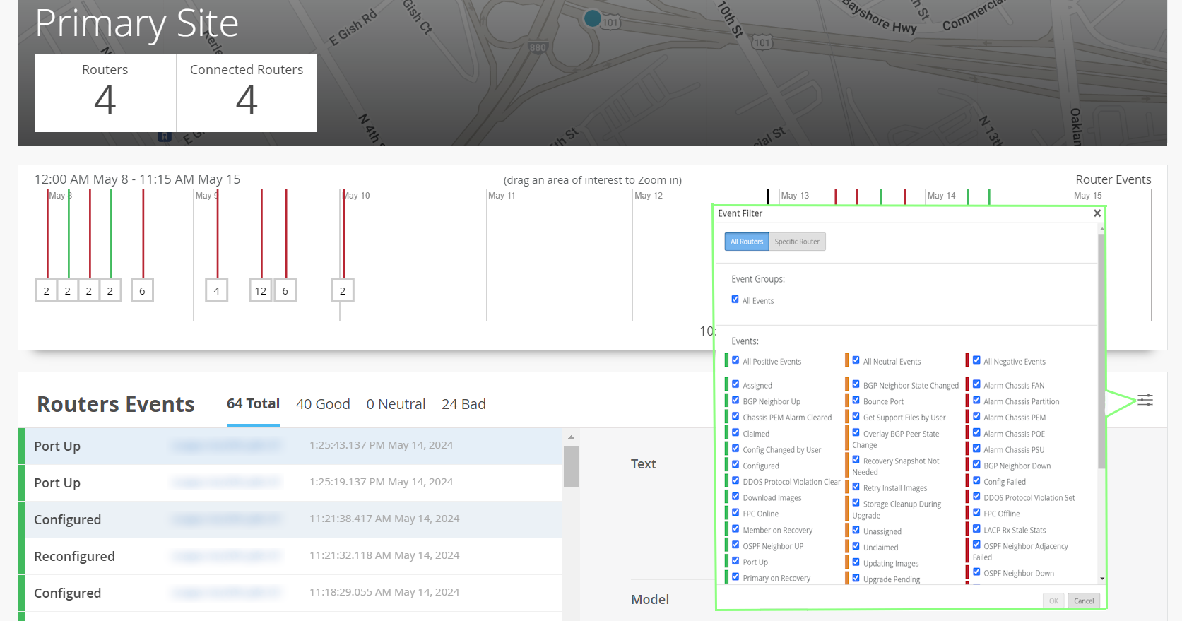 Router Insights page showing aggregate router events at site-level. Screenshot shows 4 connected routers at Primary Site, event timeline with color-coded events, filter panel for event selection, and router events table with 64 events.
