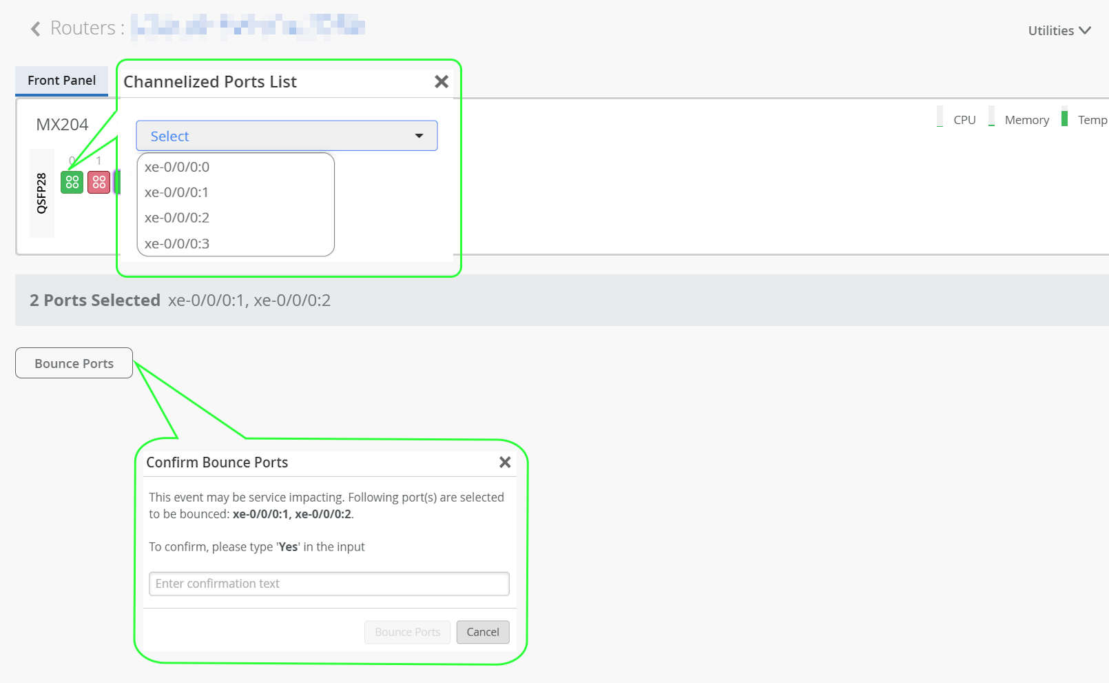 User interface showing MX204 model with selected ports xe-0/0/0:1 and xe-0/0/0:2 for bounce operation. Confirmation dialog warns of service impact.
