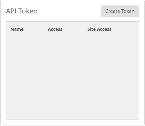 User interface for managing API tokens with a Create Token button and an empty table for token details.