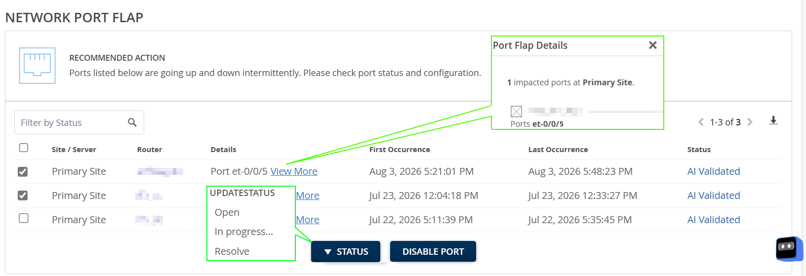 Marvis Actions Dashboard on Juniper Routing Assurance displaying Network Port Flap event and detailed information about the selected event along with a recommended action to resolve the issue.