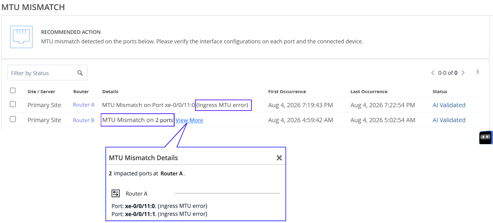 Marvis Actions: MTU Mismatch on Multiple Ports