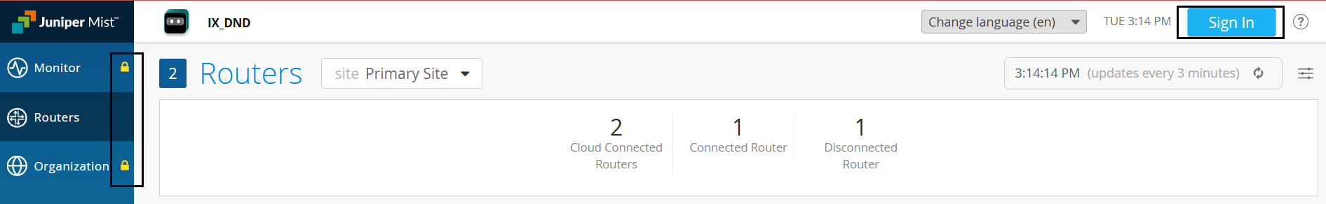 Juniper Mist dashboard showing Routers section with 2 cloud connected, 1 connected, and 1 disconnected router. Sign-In and language selection options visible.
