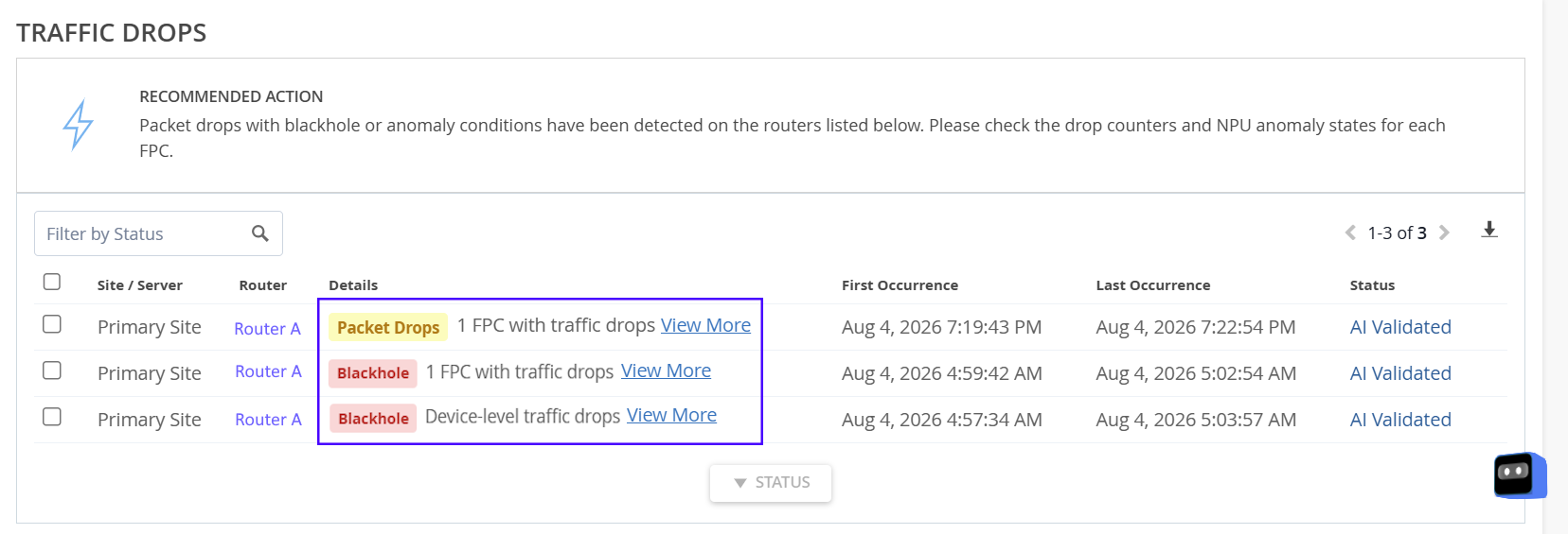 Marvis Actions: Traffic Drops
