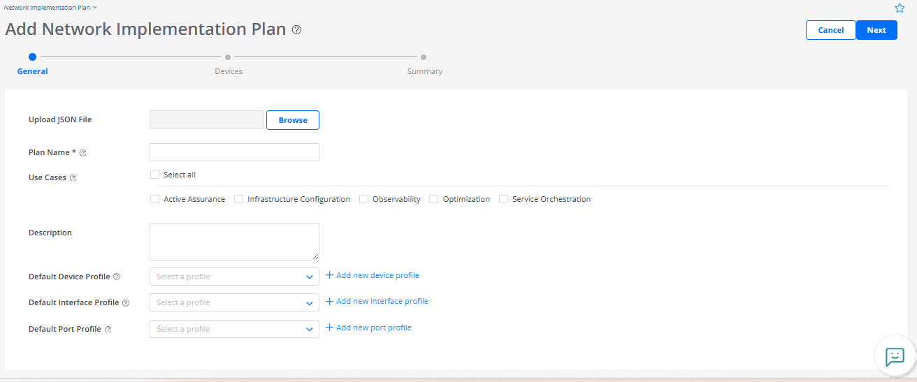 User interface for adding a Network Implementation Plan with steps navigation, fields for JSON file upload, plan name, use case selection, description, default profiles, and navigation buttons for Cancel and Next.