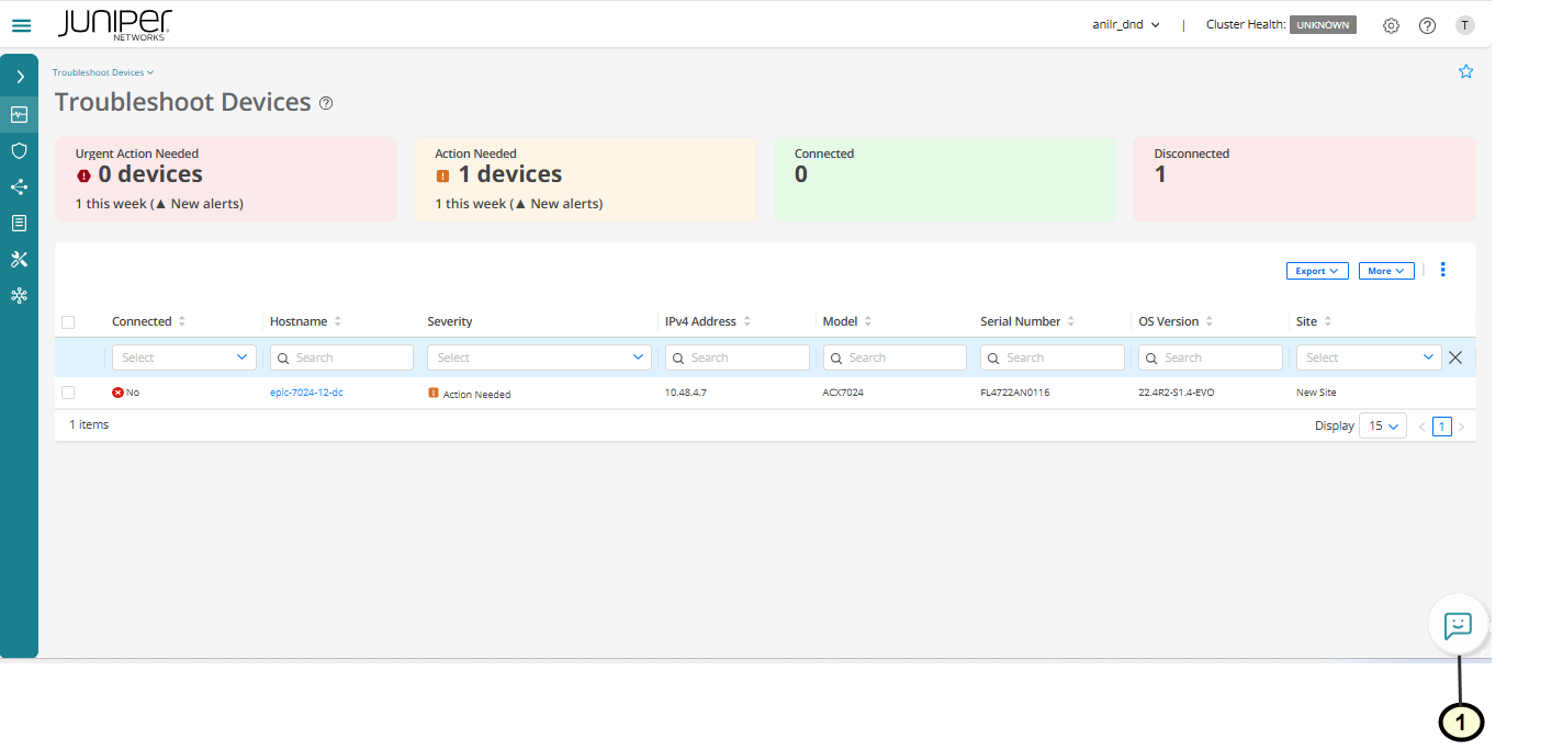 Dashboard interface showing the Troubleshoot Devices section from Juniper Networks. Highlights: 0 urgent actions, 1 action needed with 1 new alert, 0 connected devices, 1 disconnected device. Table lists device details including hostname epic-7024-12-dc, severity Action Needed, IPv4 address 10.48.4.7, model ACX7024, serial number FL4722AN0116, OS version 22.4R2-S1.4-EVO, and site New Site. Export and additional options available, with navigation sidebar on the left.