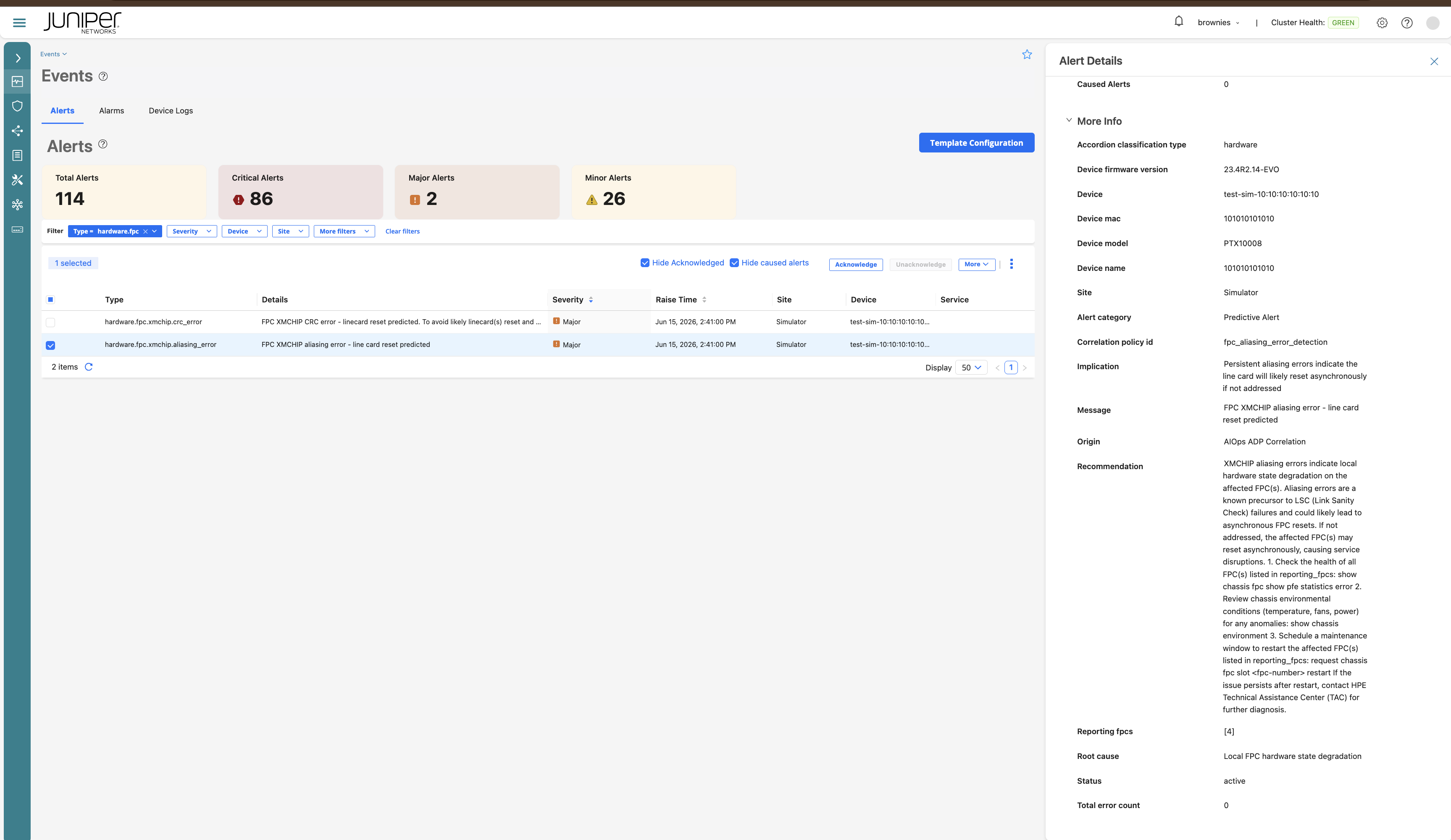 Juniper Networks dashboard showing the Events section with 114 total alerts, including 86 critical, 2 major, and 26 minor. A table lists alerts with type, severity, and details. Filters and alert details panel provide options to sort alerts, view implications, and resolve issues.