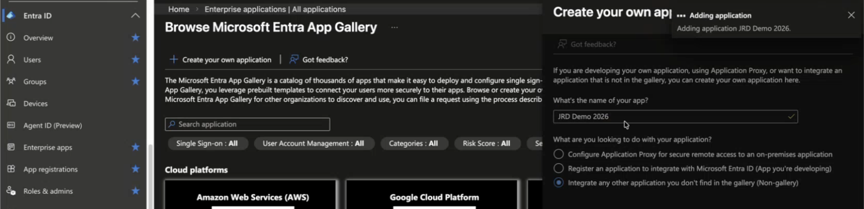 Microsoft Entra Admin Center interface showing navigation menu on the left and App Gallery in the main section. A panel on the right displays the process of creating a new application named JRD Demo 2026 with the option to integrate a non-gallery application.