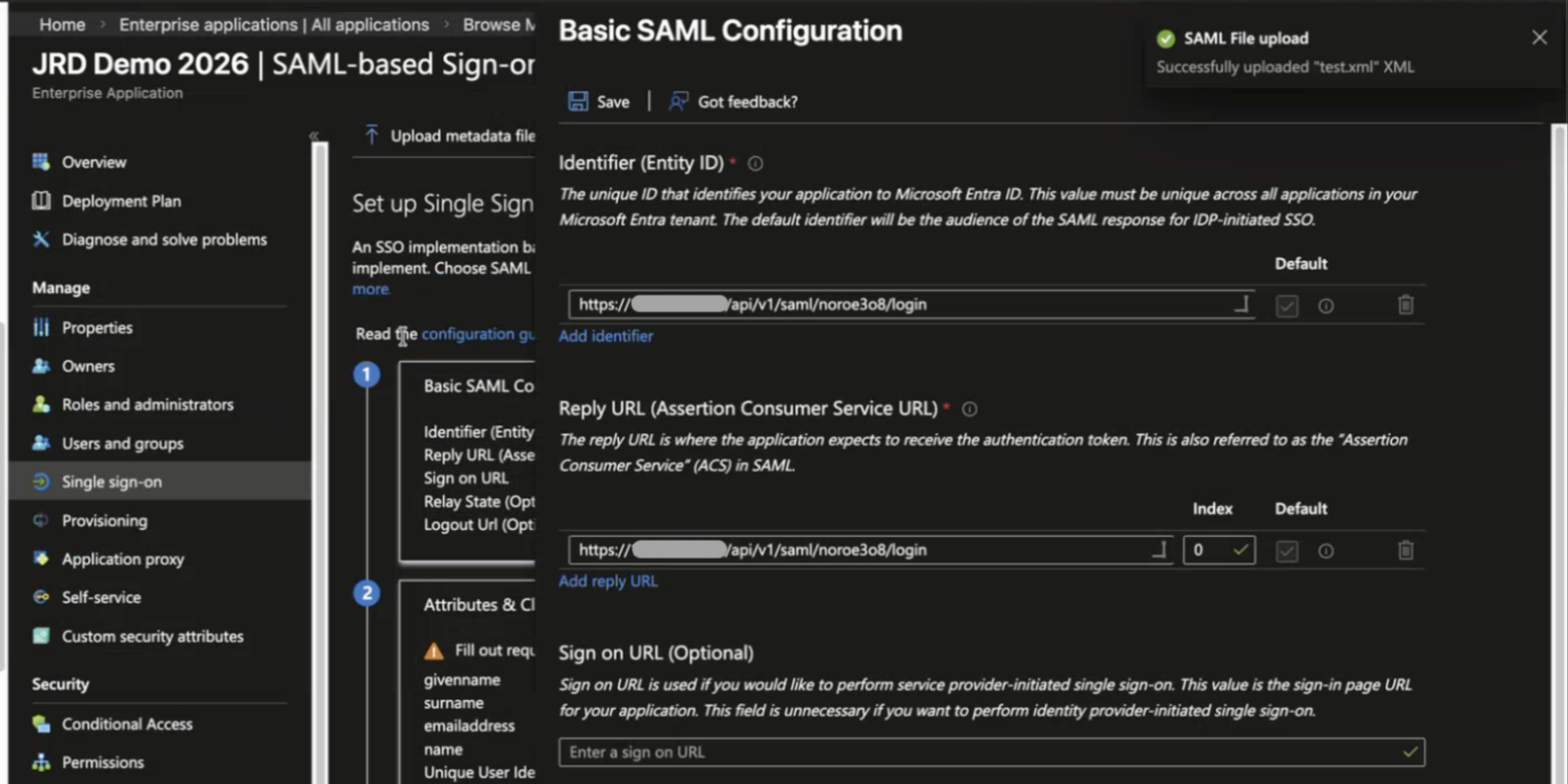 Configuration screen for SAML-based Single Sign-On in Microsoft Entra for JRD Demo 2026. Shows navigation panel and SAML settings.