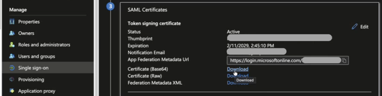 Single sign-on configuration page in Azure Active Directory, showing SAML certificates section with details like token signing certificate, status, thumbprint, expiration, notification email, and download links for certificate and metadata.