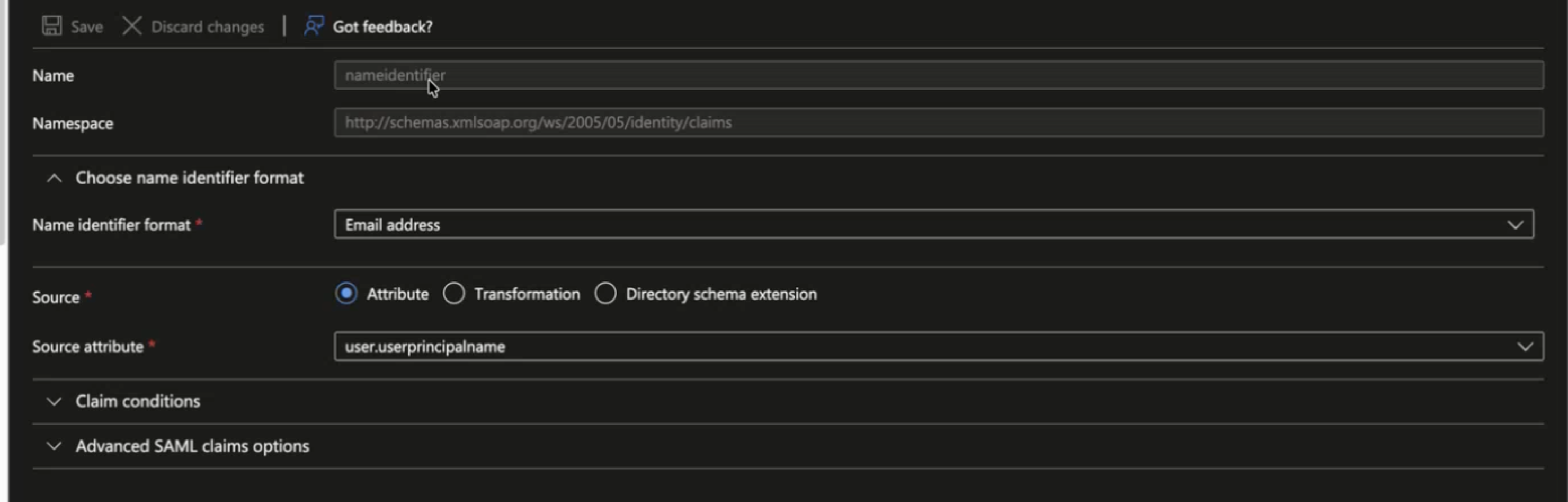 Configuration screen for setting up a SAML claim with fields: Name as nameidentifier, Namespace as http://schemas.xmlsoap.org/ws/2005/05/identity/claims, Name Identifier Format as Email address, Source as Attribute, and Source Attribute as user.userprincipalname.