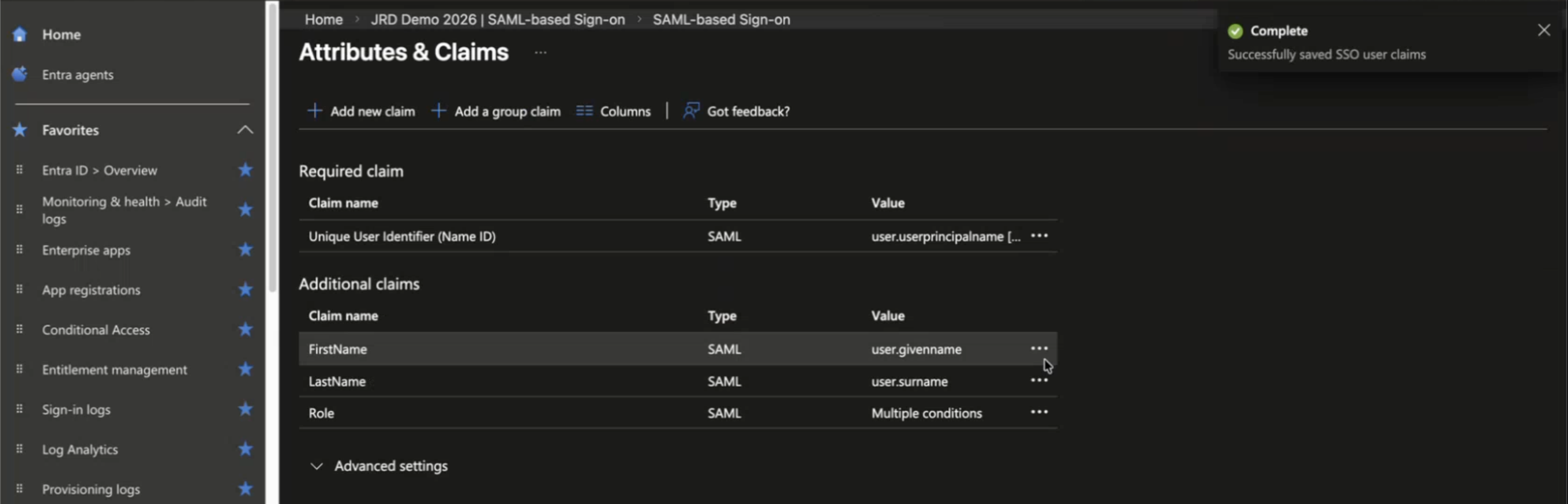 Configuration interface for SAML-based SSO showing Attributes and Claims. Includes Unique User Identifier with Name ID, SAML type, and userprincipalname value, additional claims for FirstName, LastName, and Role, and a success message indicating SSO user claims saved.