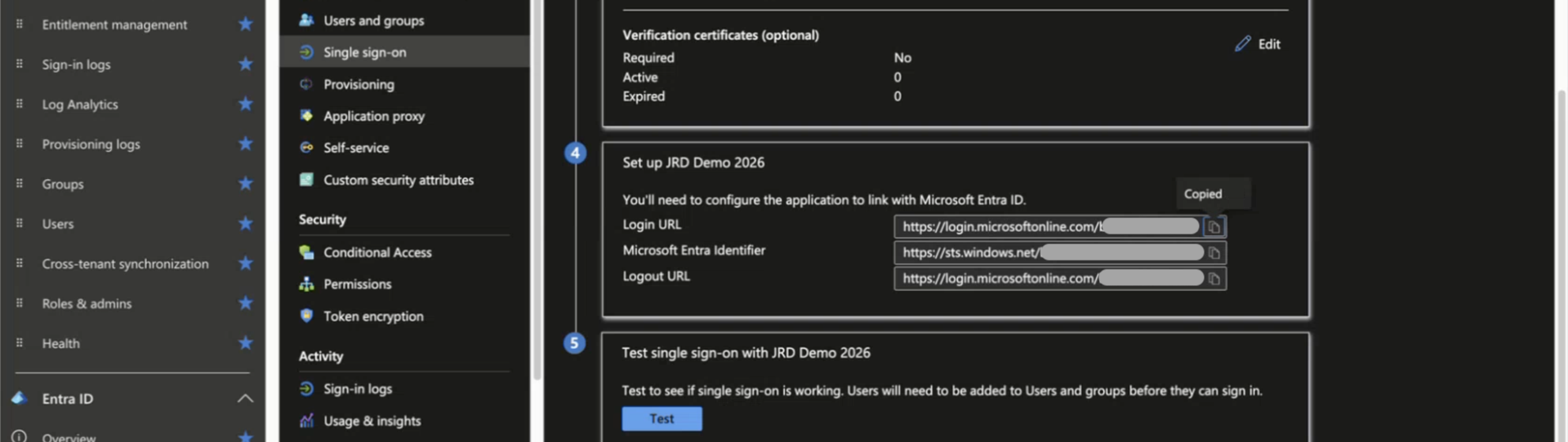 Microsoft Entra ID interface showing single sign-on setup for JRD Demo 2026 with fields for Login URL, Microsoft Entra Identifier, Logout URL, and SSO testing options.