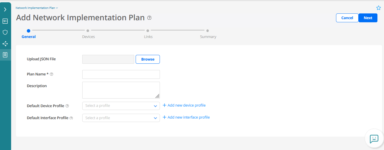User interface for creating a Network Implementation Plan with fields for uploading JSON file, plan name, description, device and interface profiles, and navigation buttons.
