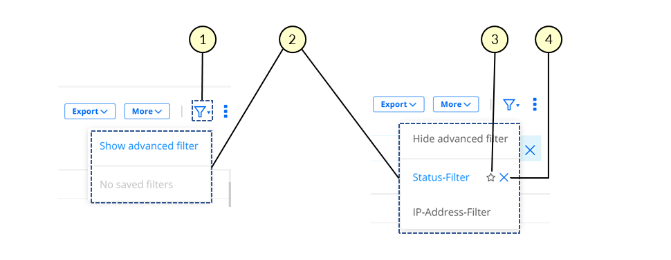 UI design showing two states of an advanced filter: collapsed with "Show advanced filter" button and expanded with "Hide advanced filter" button, displaying "Status-Filter" and "IP-Address-Filter" with removal and favorite icons.