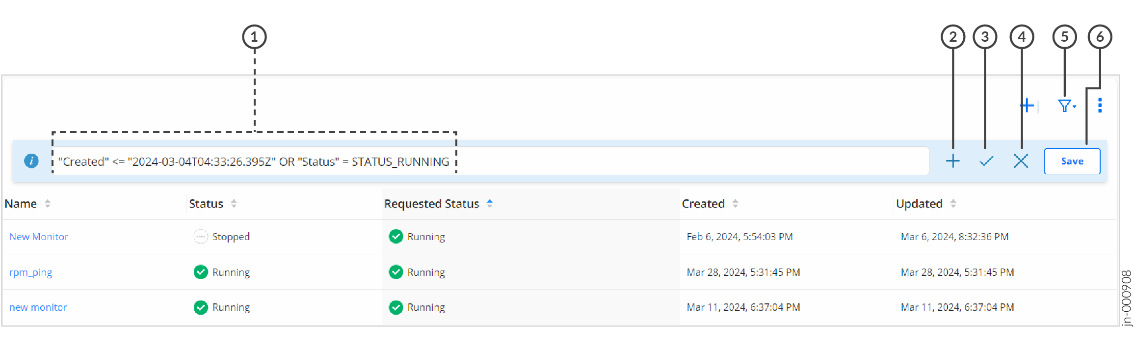 User interface for filtering items with a filter query for Created or Status. Includes icons for adding, applying, clearing, saving filters, and a table listing item details like Name, Status, Requested Status, Created, and Updated for managing tasks.
