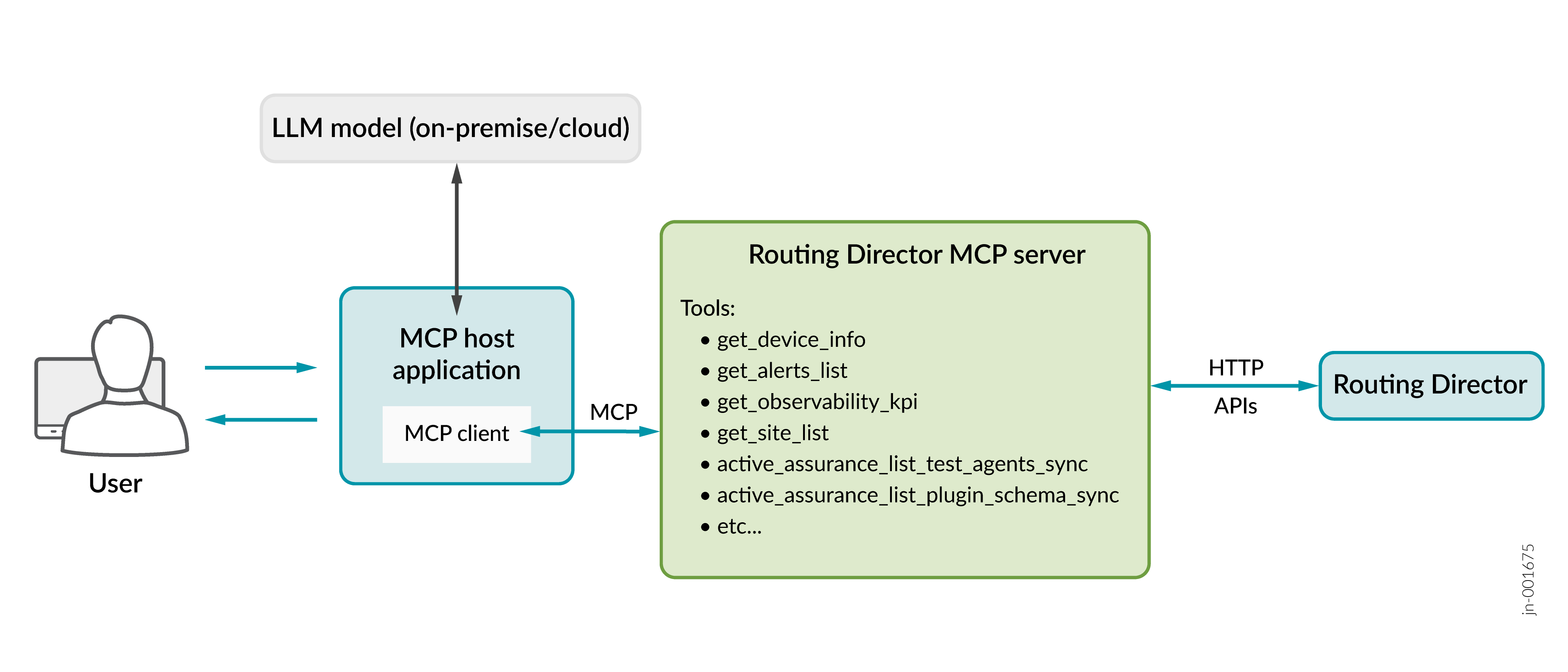 Flow diagram illustrating interactions: User interacts with MCP host application, which connects to Routing Director MCP server and on-premise or cloud-hosted LLM. Routing Director MCP server provides tools like get_device_info and get_alerts_list. Routing Director communicates with MCP server via HTTP APIs.