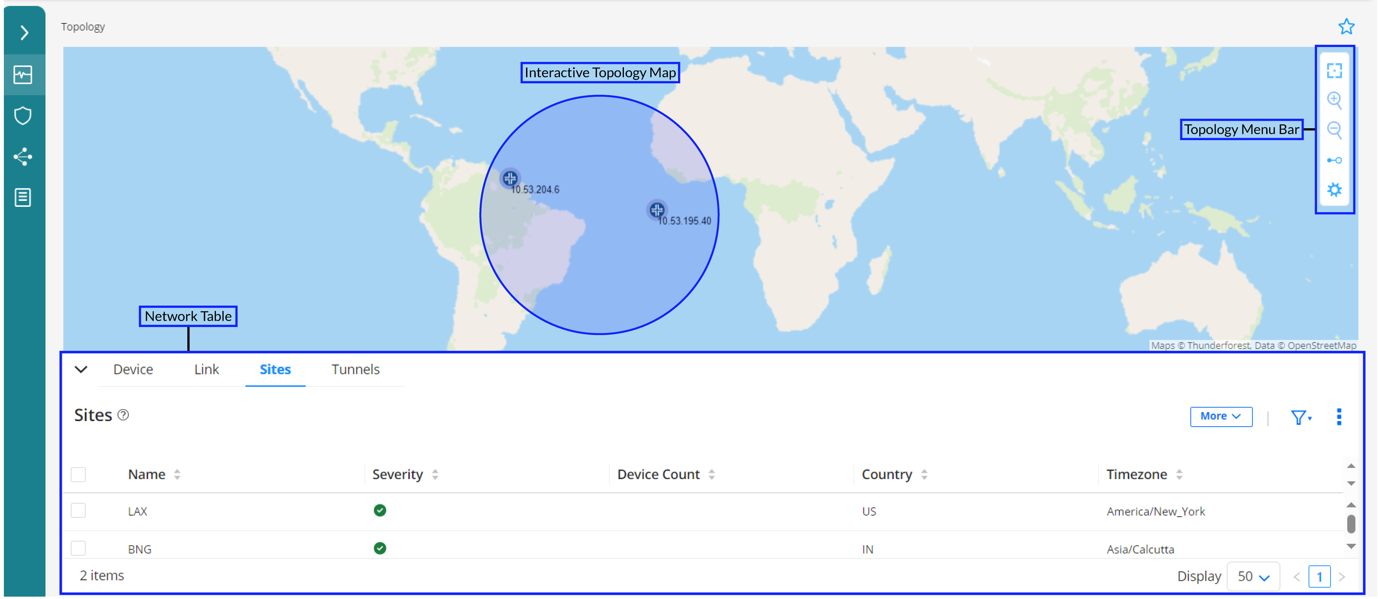 Interactive network topology map showing device locations, a menu bar with tools, and a table listing devices with details and urgent alerts.