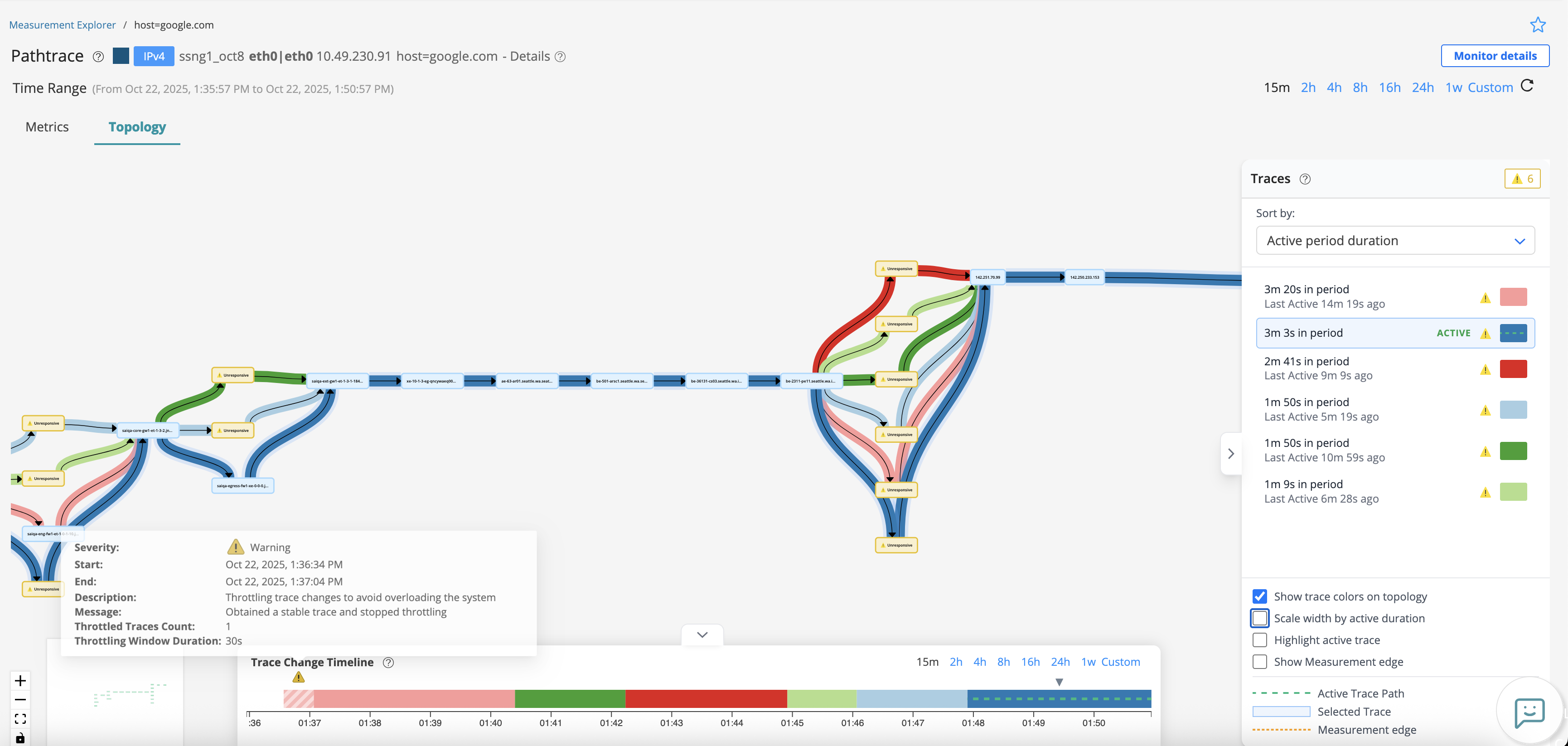 Network monitoring interface showing color-coded pathtrace visualization with data flow between nodes, warnings for issues, trace details, time range selector, and a trace change timeline.