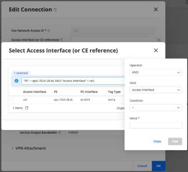 Edit connection interface showing a pop-up to select an access interface with a filter panel and a table displaying columns like Access Interface, PE, PE Interface, and Tag Type.