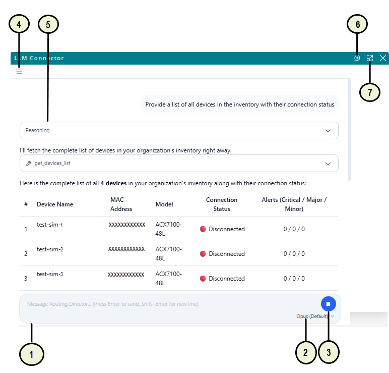 User interface of L.M Connector software showing a command input field, send and microphone buttons, and a menu icon. A table lists devices with names, masked MAC addresses, models, connection status as disconnected, and zero alerts.