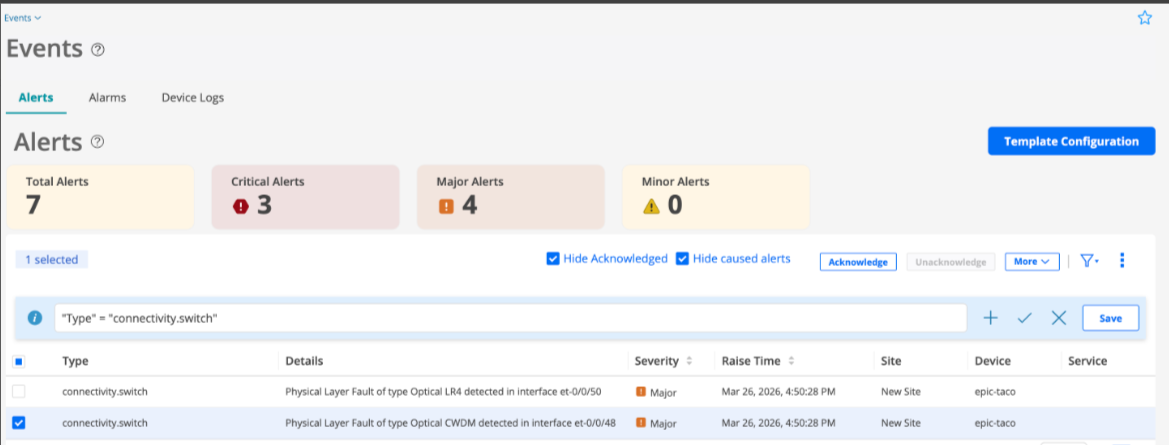 Dashboard interface for monitoring system events and alerts. Includes events section with tabs, alerts summary showing 7 total alerts categorized as critical, major, and minor, and a table of alert details with type, description, severity, timestamp, site, device, and service. Features filters, actions like acknowledge, search bar with query, save button, and template configuration option.