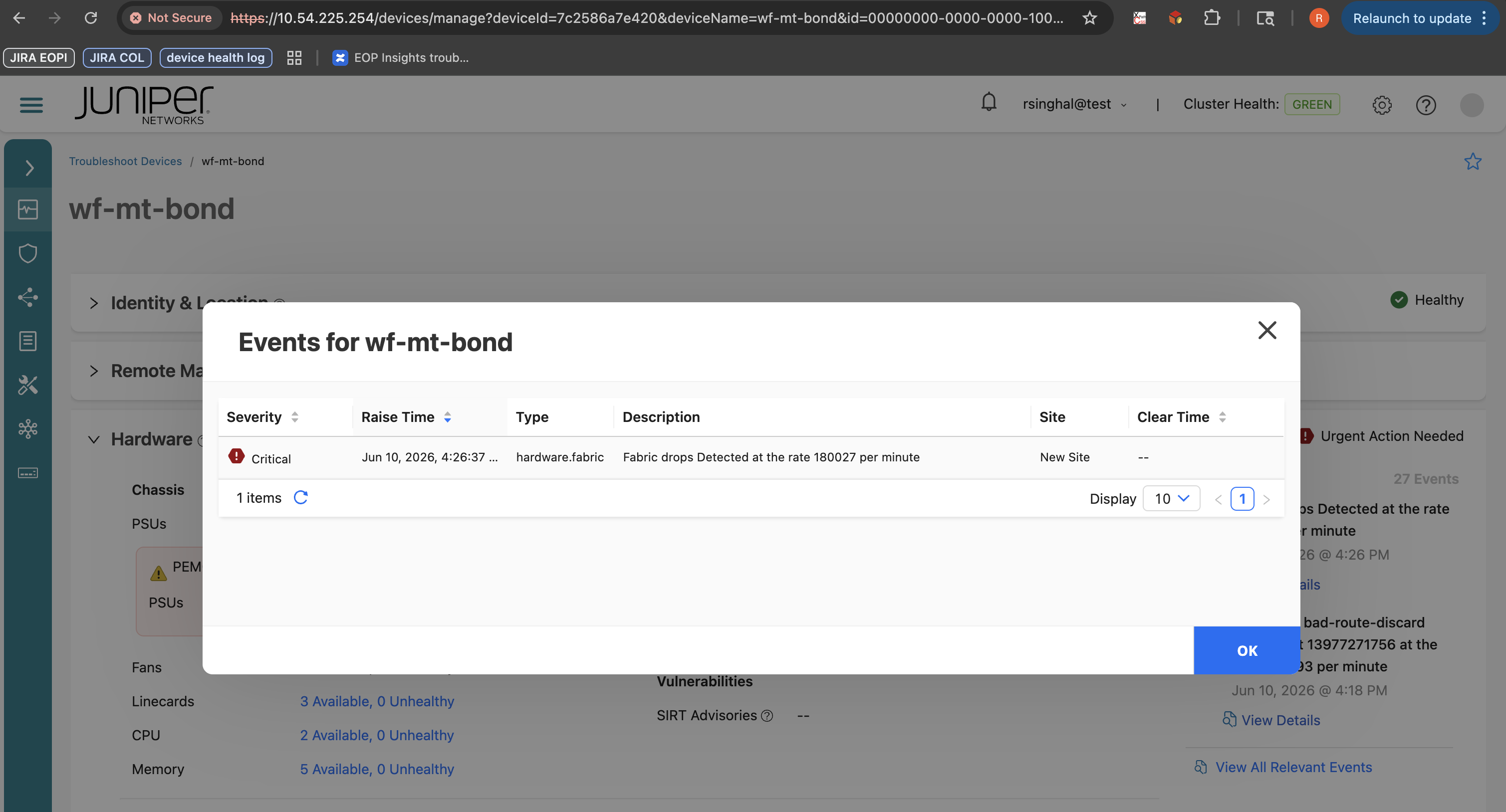 Critical event log for device wf-mt-bond on Juniper Networks interface. Hardware.fabric issue with fabric drops detected at rate 180027 per minute on June 10 2026 at 4:26 AM. Site labeled New Site.
