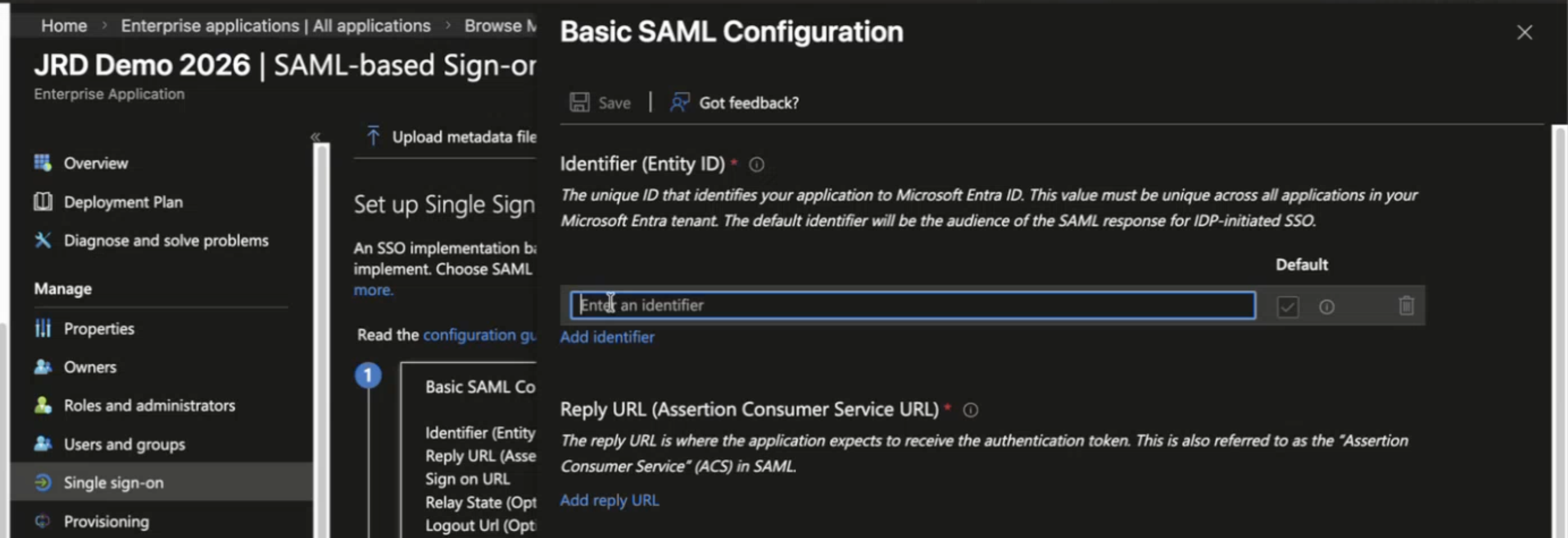 Basic SAML Configuration screen in Microsoft Entra for setting up SSO with fields for Identifier and Reply URL required for authentication.
