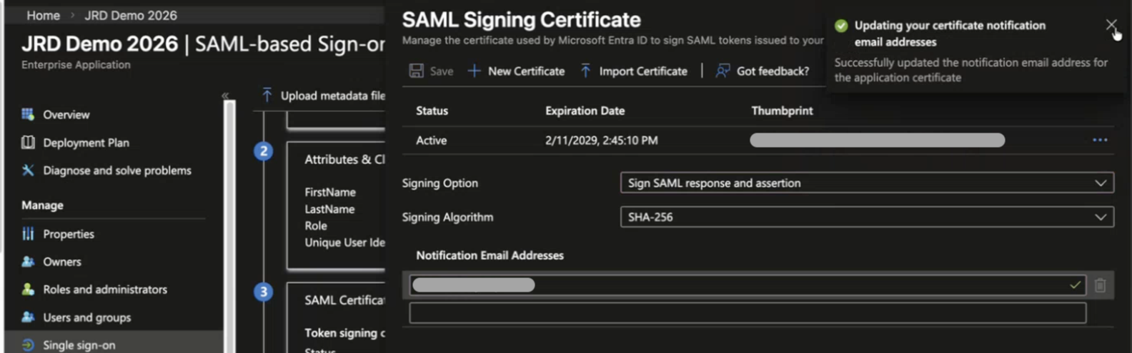 Configuration interface for SAML-based single sign-on setup in an enterprise application, highlighting active SAML signing certificate details with expiration date 2/11/2029, signing option Sign SAML response and assertion, and algorithm SHA-256. A green notification confirms successful update of certificate notification email address.