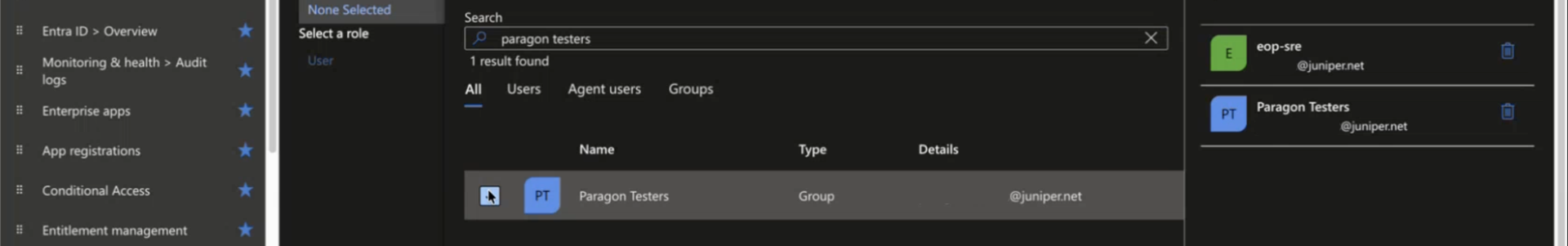 User interface screenshot of a management portal showing a search for paragon testers with 1 result found. The result is a group named Paragon Testers with the domain juniper.net. Navigation menu includes options like audit logs and app registrations. Selected roles on the right panel include eop-sre and Paragon Testers.
