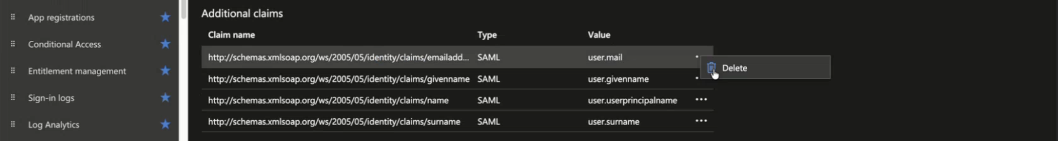 User interface of an identity system showing additional claims list with claim names, type as SAML, and user attribute values. Navigation menu includes options like App registrations and Conditional Access. A Delete option is visible.