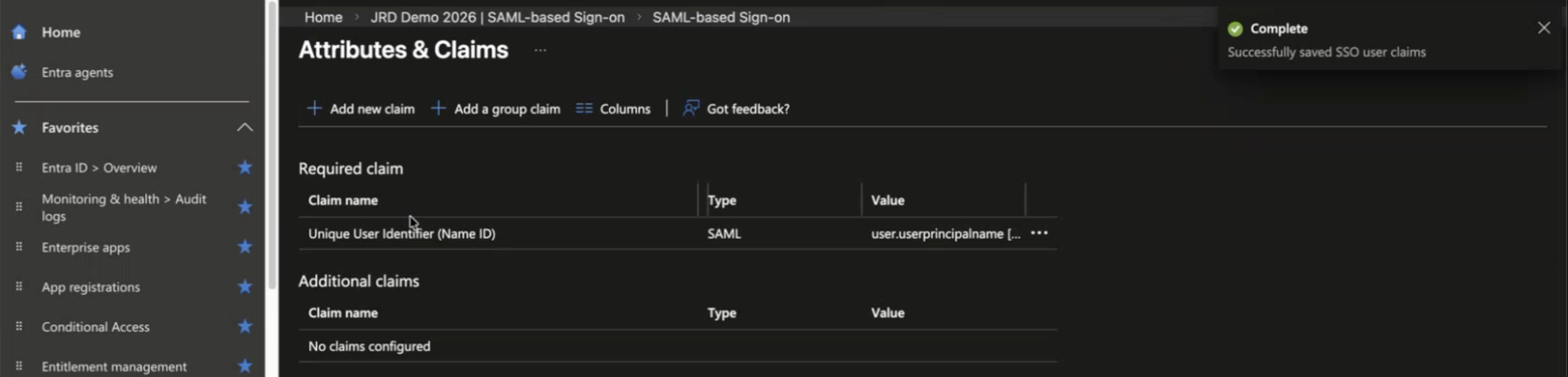 Configuration interface for managing Attributes and Claims in SAML-based SSO. Left sidebar lists navigation options. Main panel shows required claim details with claim name Unique User Identifier, type SAML, and value user.userprincipalname. Notification indicates SSO user claims successfully saved.