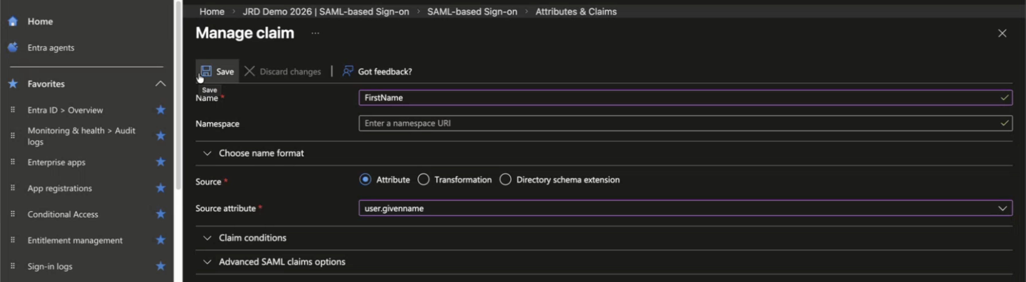 Azure AD portal Manage claim page showing fields to configure SAML claims, including Name set to FirstName, Source set to Attribute, and Source attribute set to user.givenname. Save and Discard buttons are at the top.
