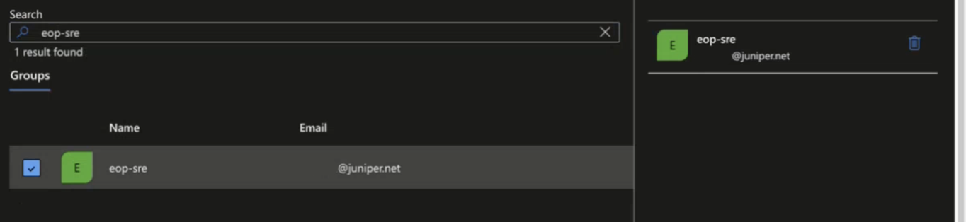 Search interface showing "eop-sre" group with email domain juniper.net selected. Trash icon available to remove selection.