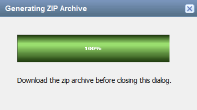 Dialog box titled Generating ZIP Archive with a green progress bar at 100 percent and a message to download the zip archive before closing.