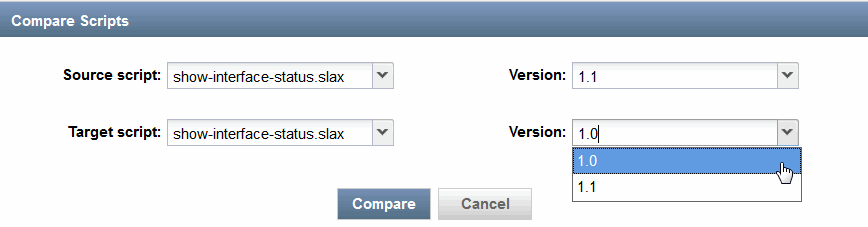Compare Scripts interface with source script show-interface-status.slax at version 1.1 and target script at version 1.0. Compare and Cancel buttons.