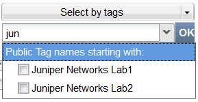 Dropdown menu showing tag suggestions for "jun" with options Juniper Networks Lab1 and Lab2; OK button present.
