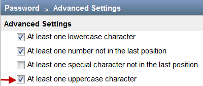 Advanced Settings for password complexity: lowercase character, number not last, special character not last, uppercase with red arrow.