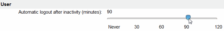 Automatic logout setting with a slider set to 90 minutes of inactivity. Options range from Never to 120 minutes.