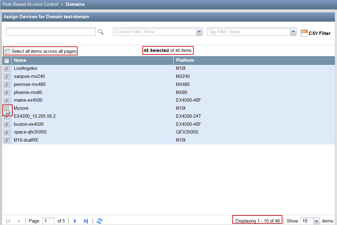 Assign Devices interface titled Assign Devices for Domain test-domain with device list showing names and platforms. 45 of 46 items selected. Pagination and CSV Filter options present.