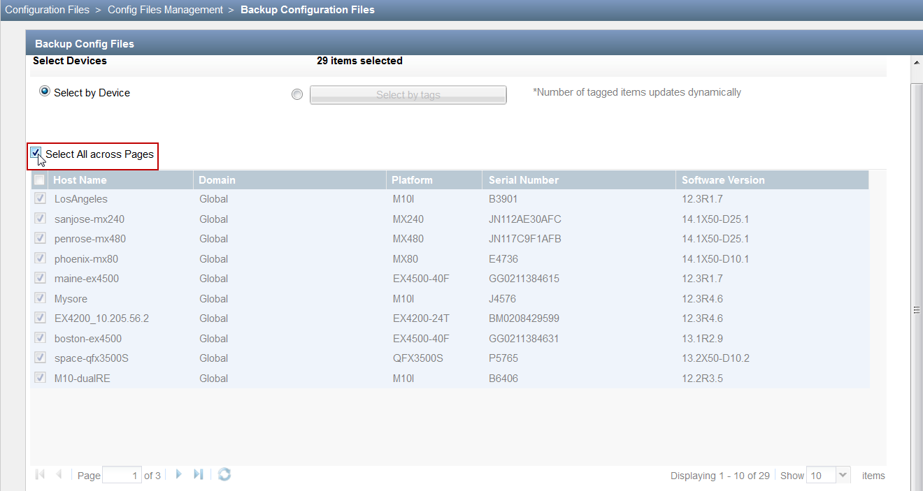 Configuration management interface showing list of devices with details such as host name, domain, platform, serial number, and software version. "Select All across Pages" is checked. Current page is 1 of 3.