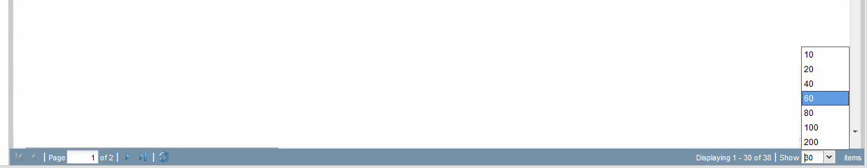 Pagination controls with page navigation buttons and dropdown for items per page selection. Displaying 1 - 30 of 38 items.