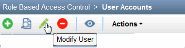 Role Based Access Control interface with icons: green plus to add user, pencil to edit, red minus to delete, eye to view details, and actions dropdown.