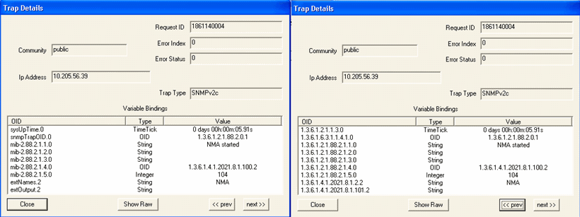 SNMP trap details with trap type SNMPv2c from IP 10.205.56.39. Fields include Request ID, Community, Error Status, and Variable Bindings with OIDs and values.